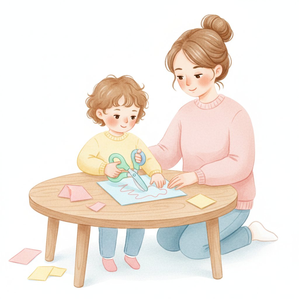 A child using easy-grip loop scissors to cut paper with a gentle helping adult