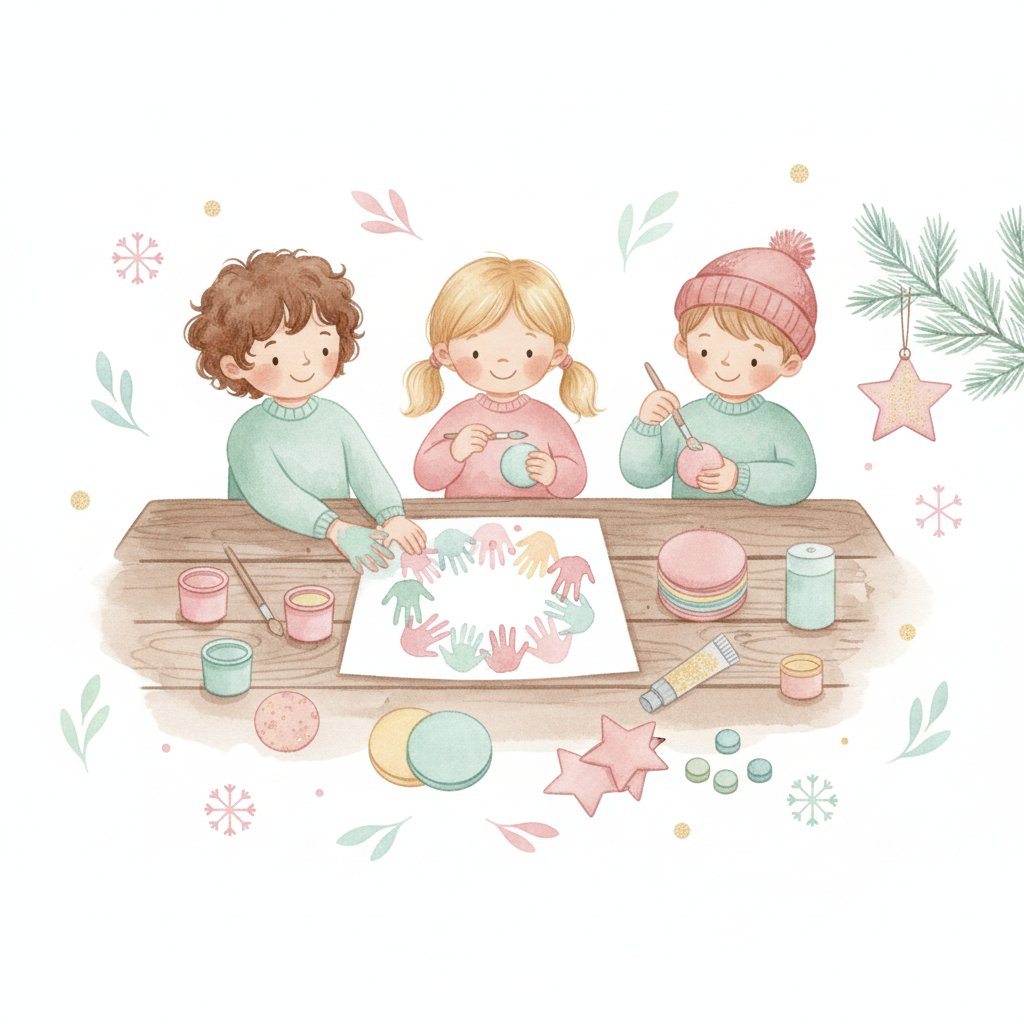 Watercolor illustration of children making a handprint wreath and decorating ornaments at Christmas