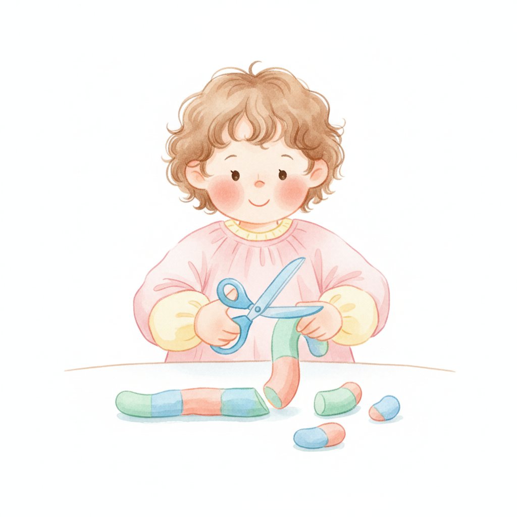 A cheerful young child snipping a long play dough snake into pieces with safety scissors