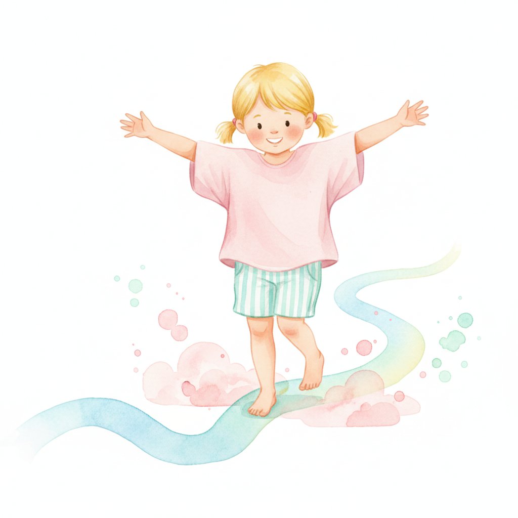 Watercolor illustration of a child walking a balance line with arms out