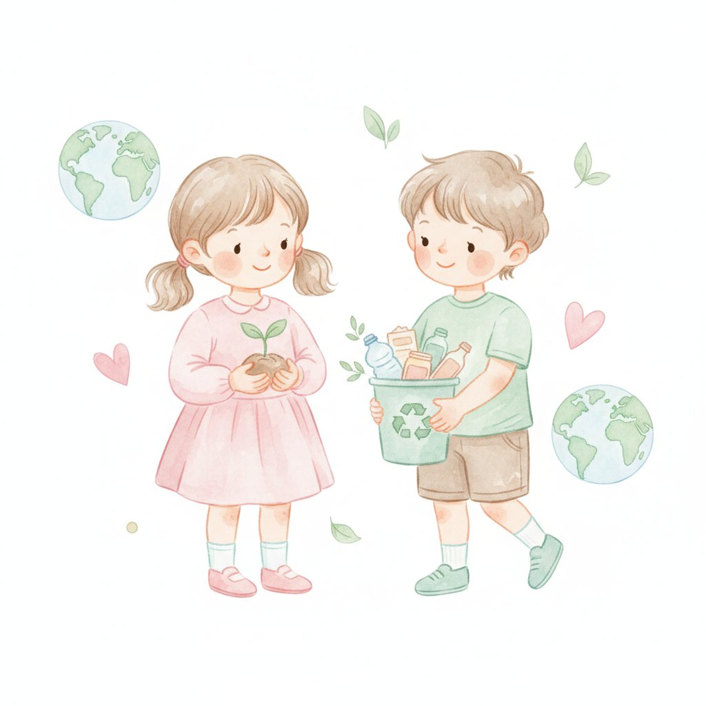 Children caring for the earth with a seedling and a recycling bin