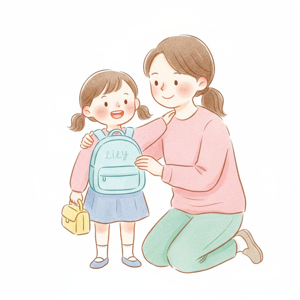A child with a personalized backpack and lunchbox, parent smiling beside