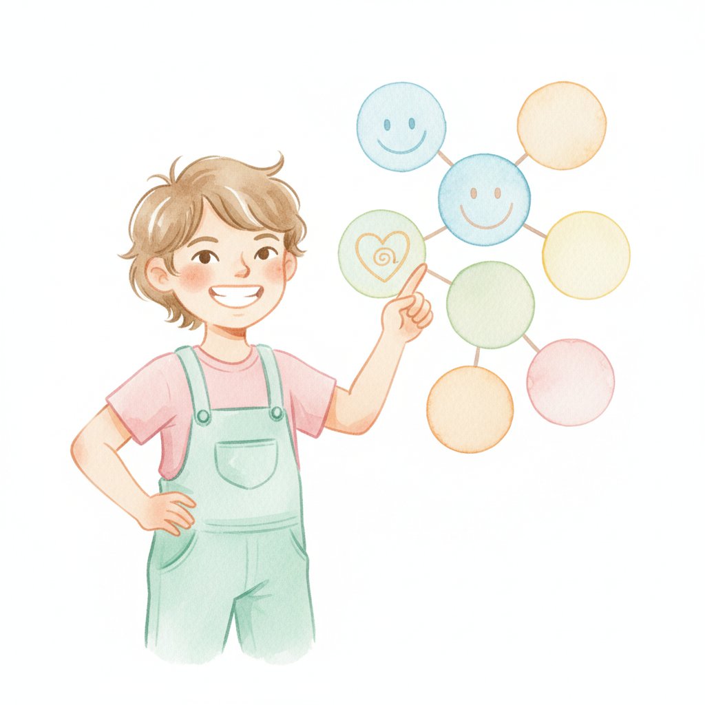 A confident child smiling and pointing to a feeling on a colorful chart, soft watercolor