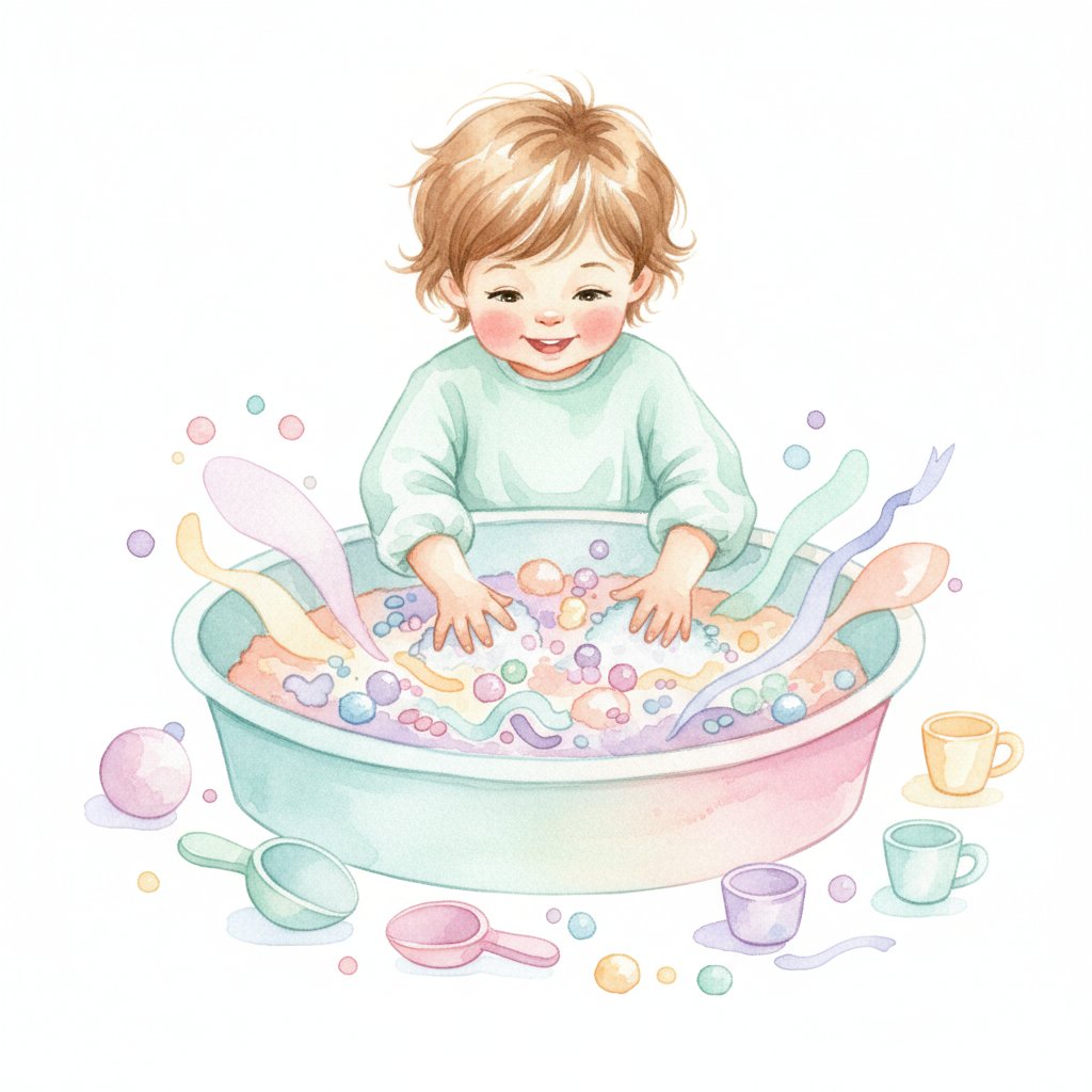A watercolor illustration of a child exploring a colorful sensory bin with both hands