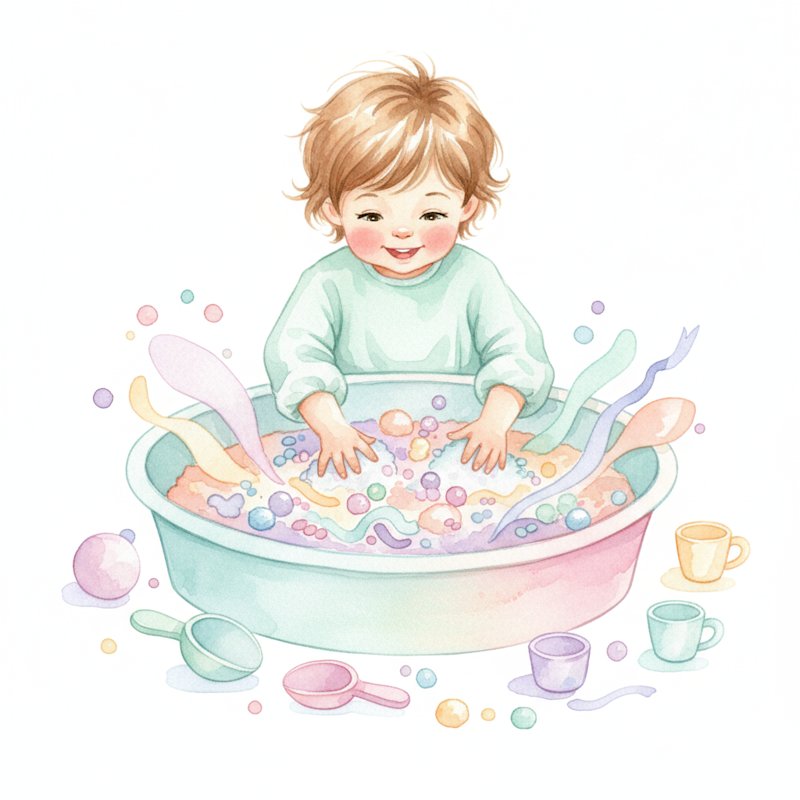 Watercolor of a child exploring a colorful sensory bin with both hands