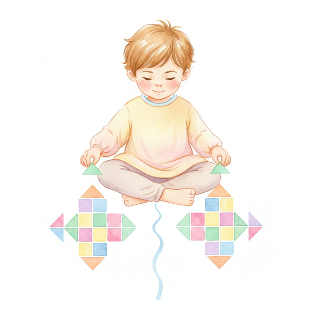 Watercolor illustration of a child completing a symmetrical mirrored pattern block design