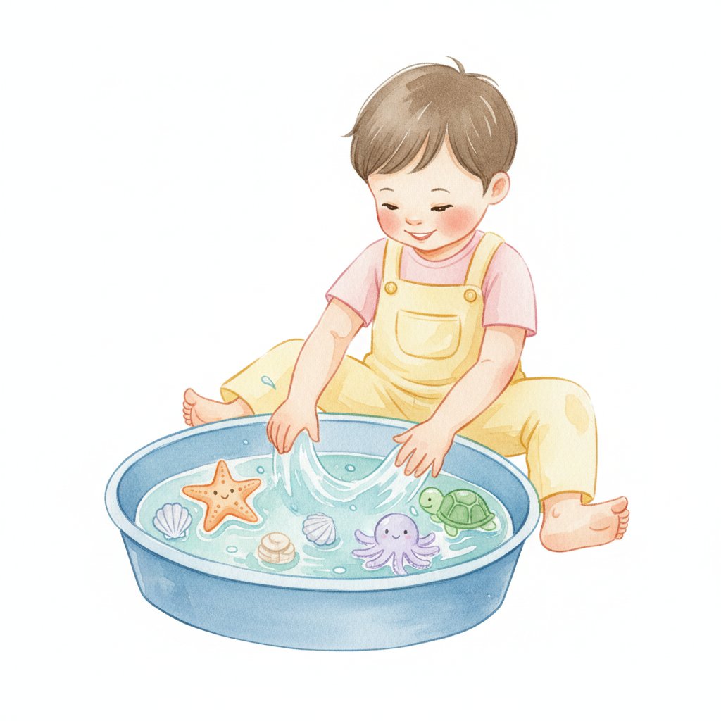 A child playing with a blue ocean-themed sensory bin with toy sea creatures and shells