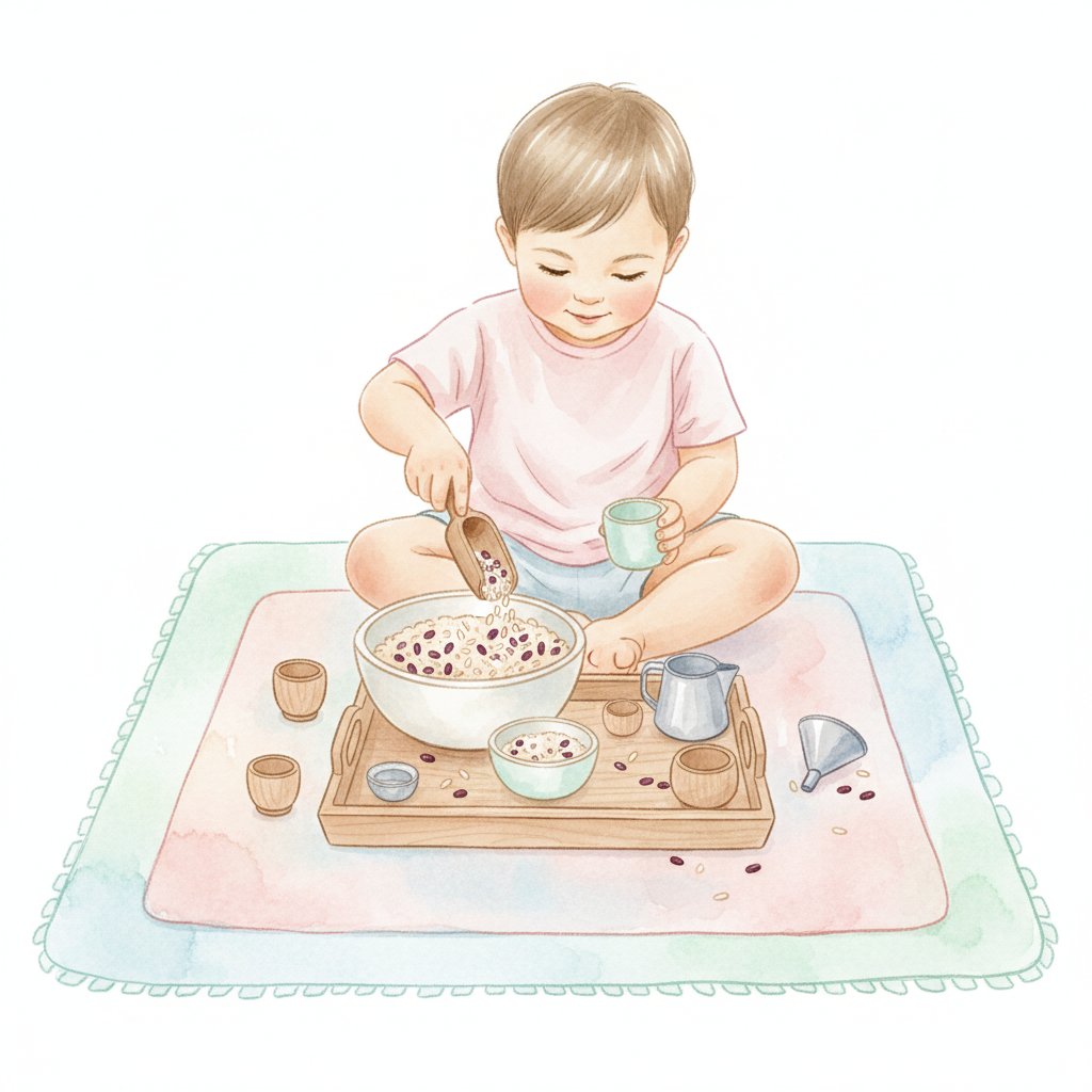 A toddler independently scooping and pouring rice and beans between cups
