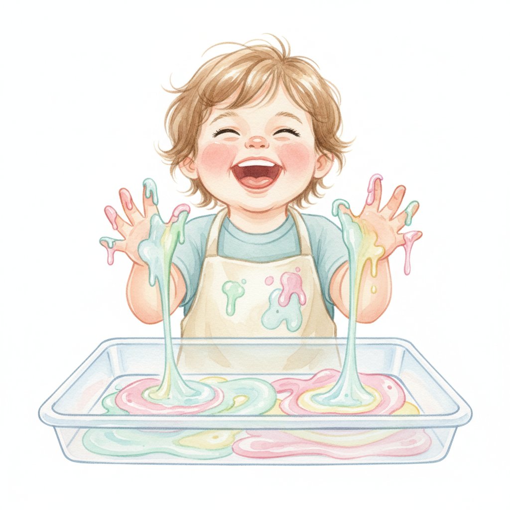 A child happily playing with colorful sensory goo on a tray