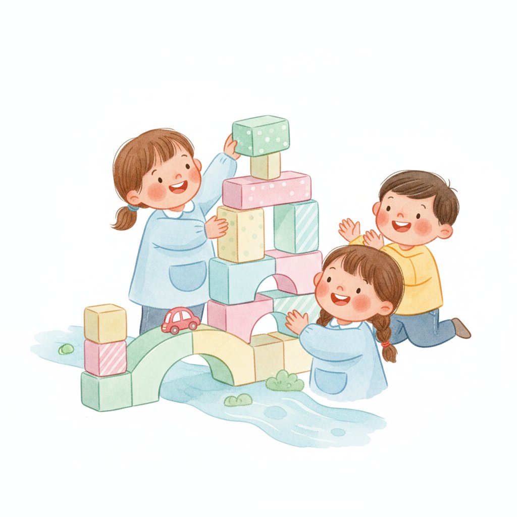 Watercolor of children building a tall block tower and a bridge