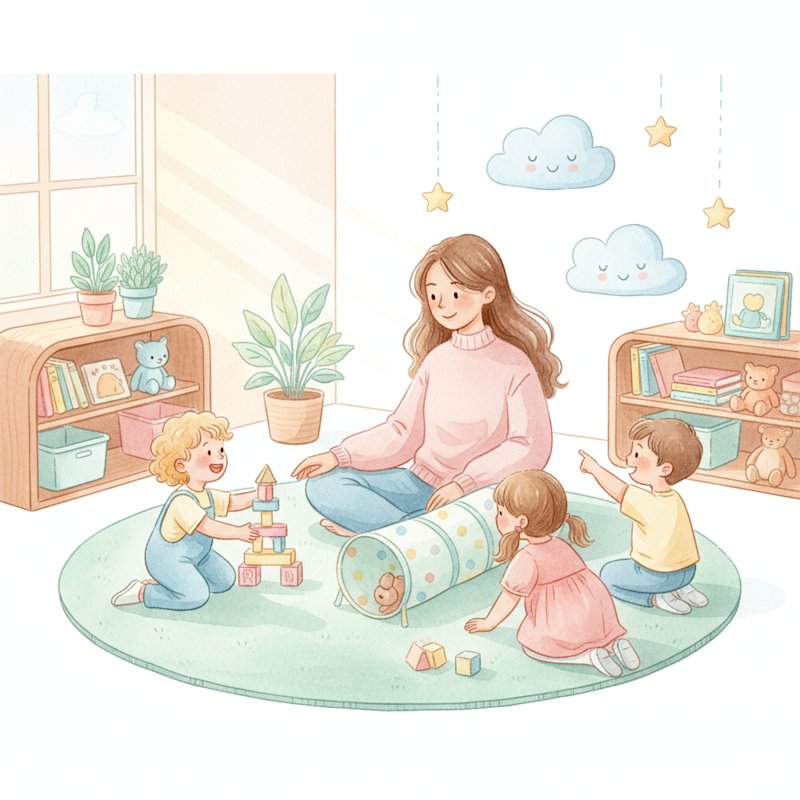 Watercolor illustration of a teacher observing children at play in a classroom