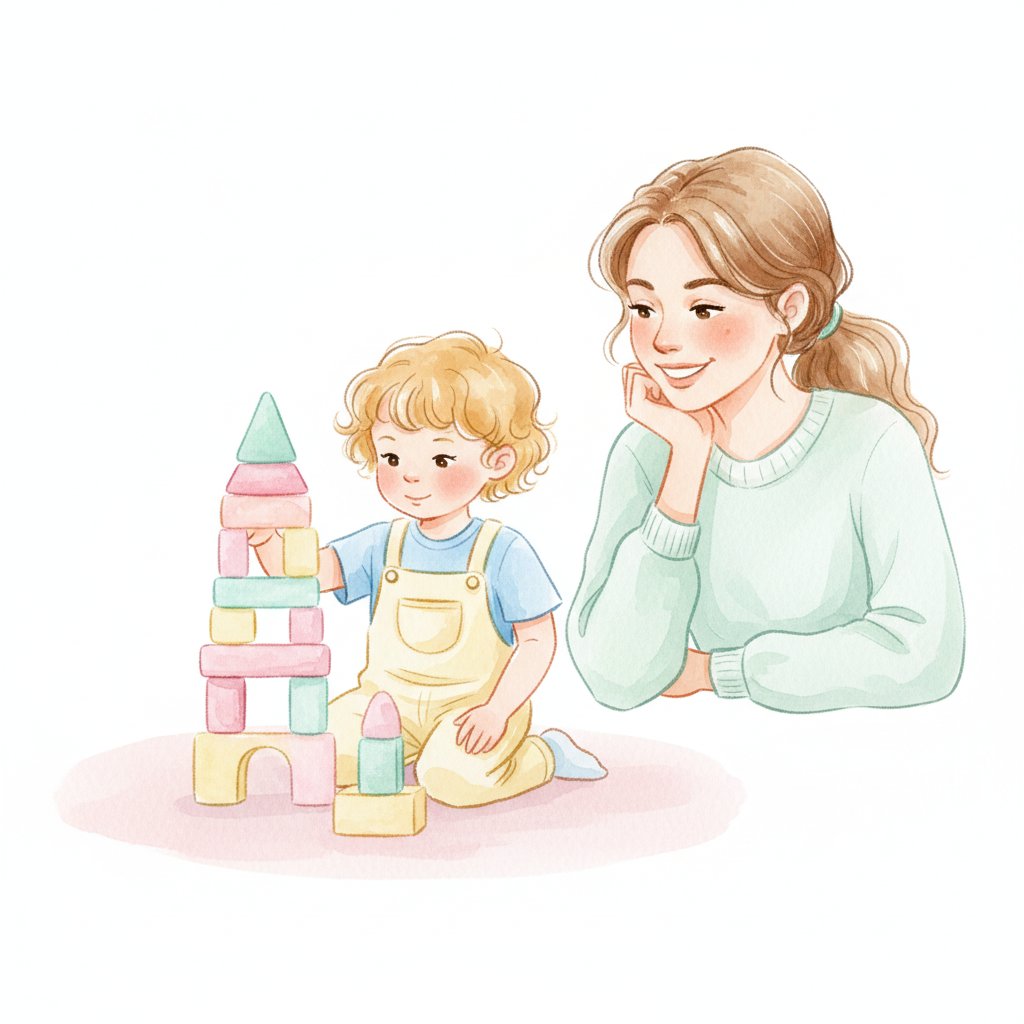 Watercolor illustration of a teacher watching a child build a block tower