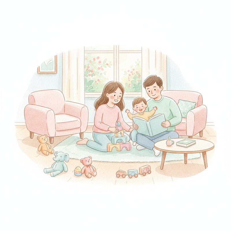 A family of parents and a young child spending happy device-free time together