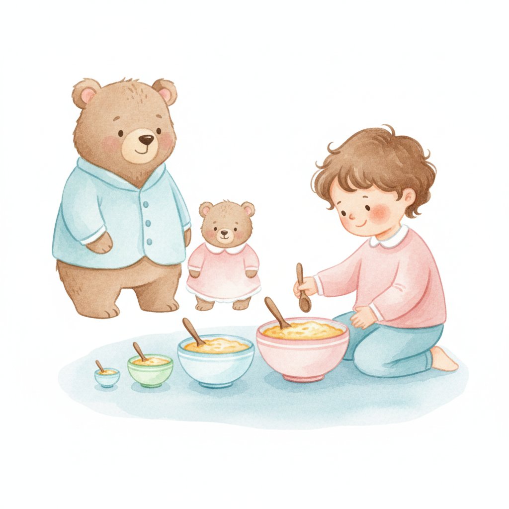 Child arranging three porridge bowls from small to large with three bears nearby