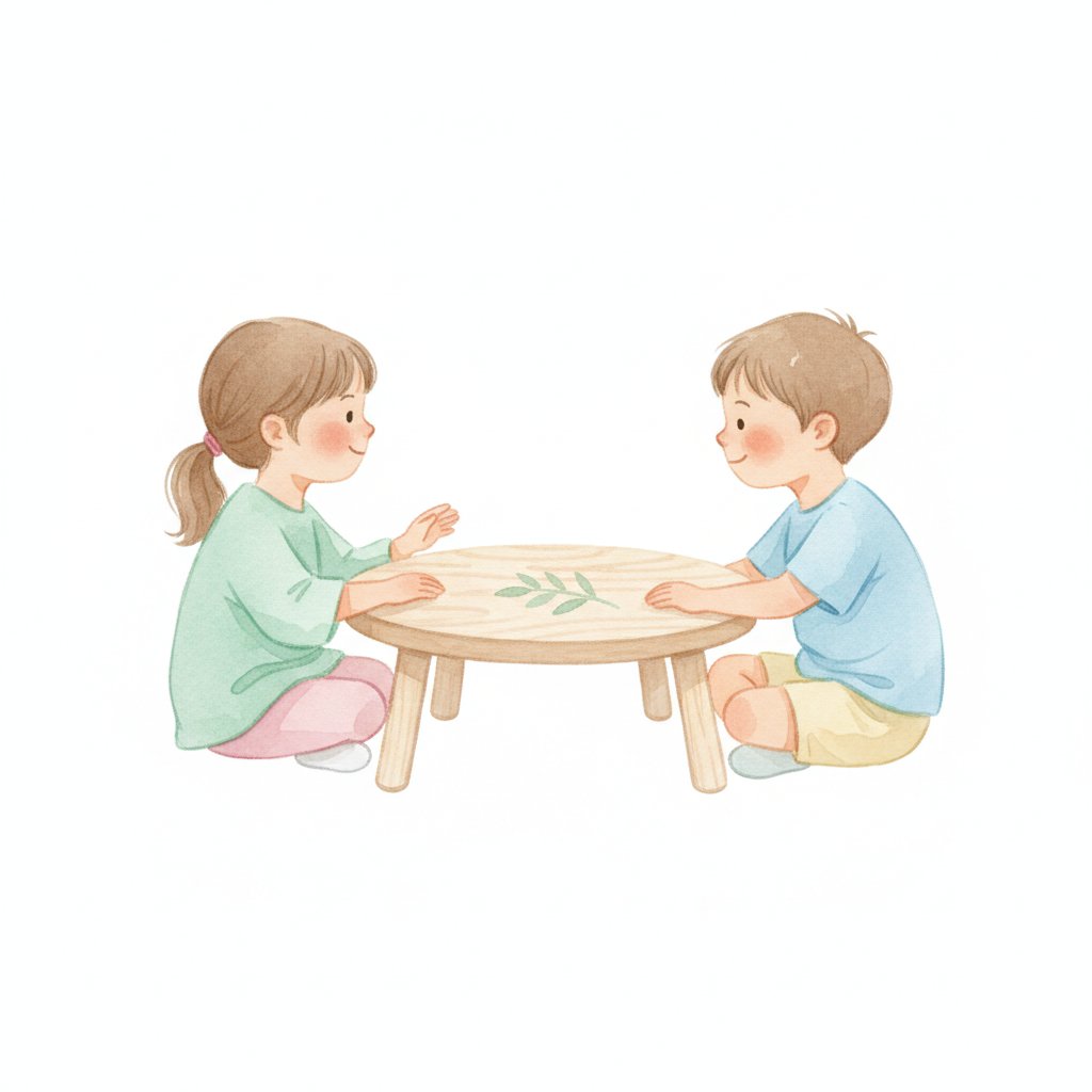 Two children talking through a disagreement and making up at a peace table