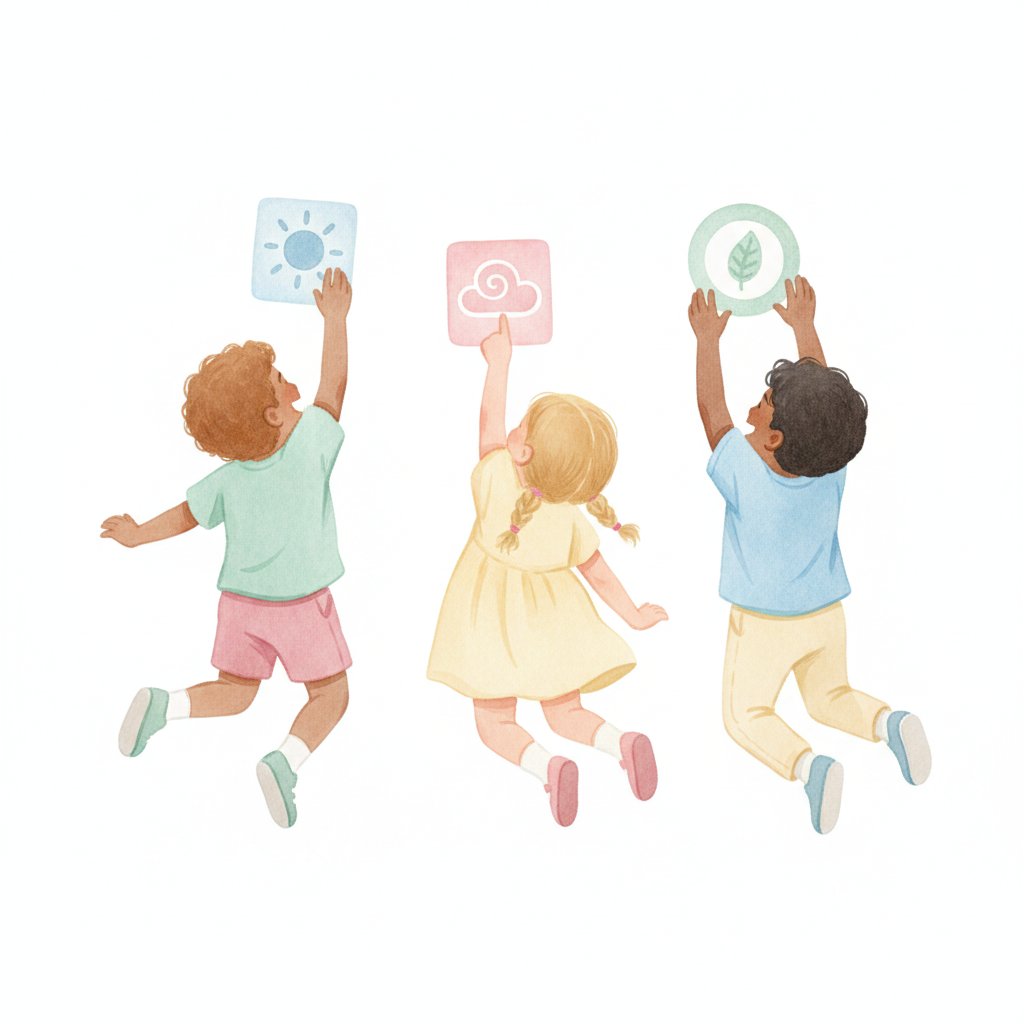 Children jumping to touch learning cards taped on a wall