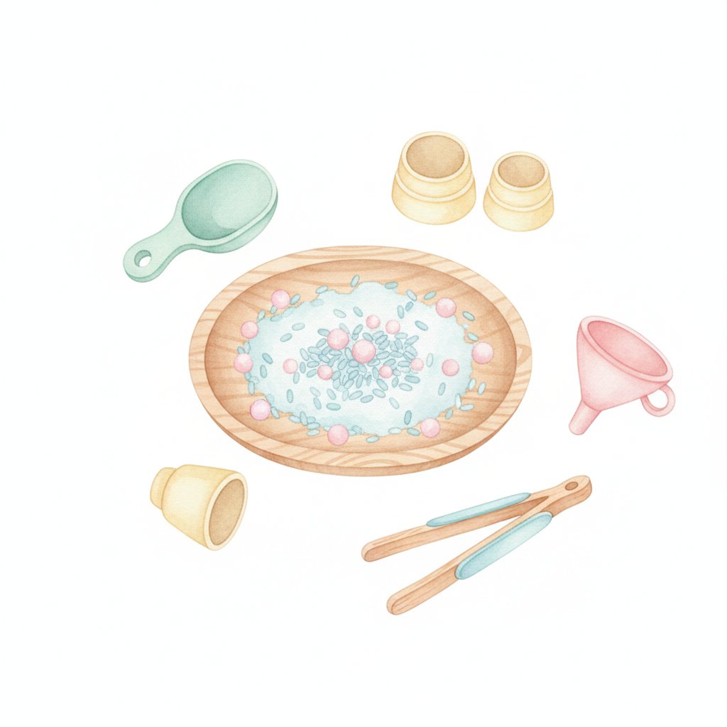 A sensory bin tray set up with scoops, cups, tongs and funnels