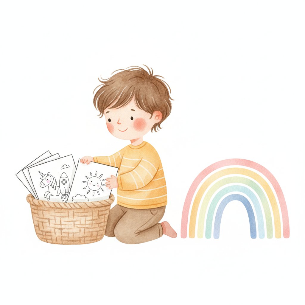A child choosing themed coloring sheets beside sorted crayons
