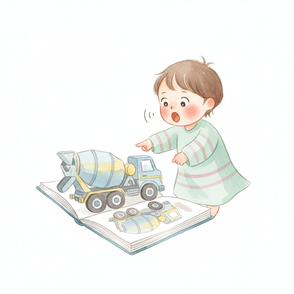A child pointing excitedly at a cement mixer truck in a picture book