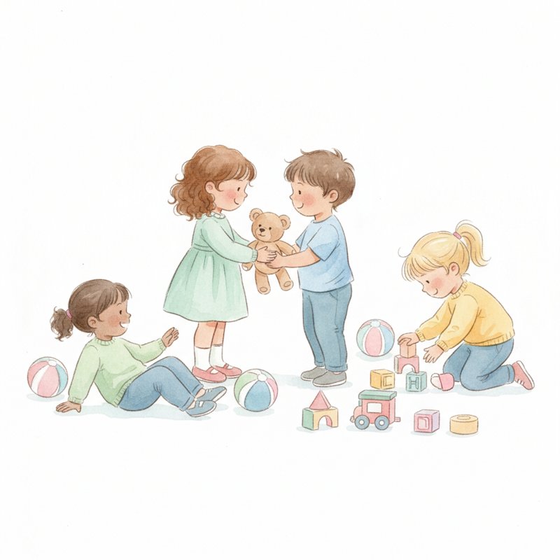 Young children being kind, sharing toys and helping a friend, soft watercolor