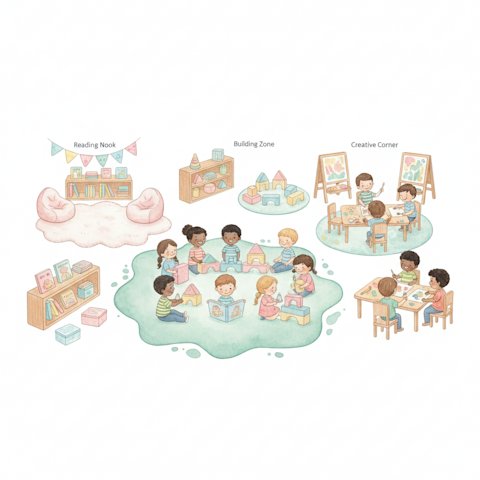 a bright cheerful preschool classroom with colorful learning corners and soft rugs