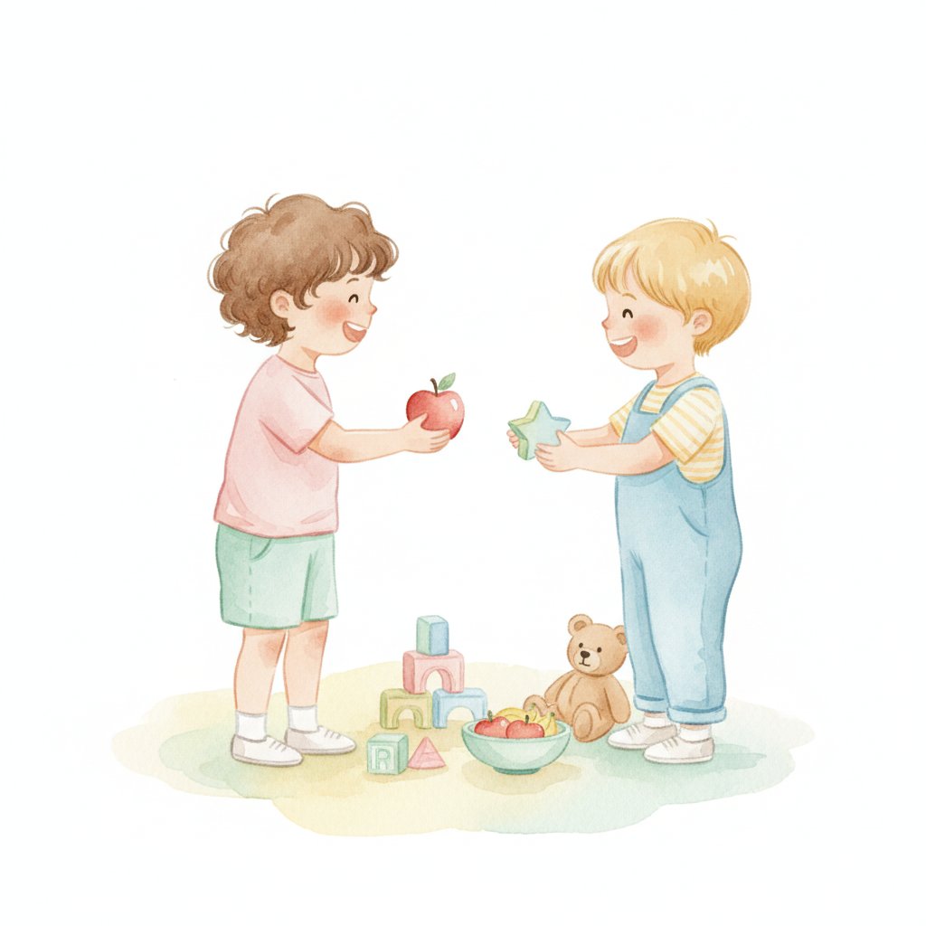 Two children sharing snacks and toys generously