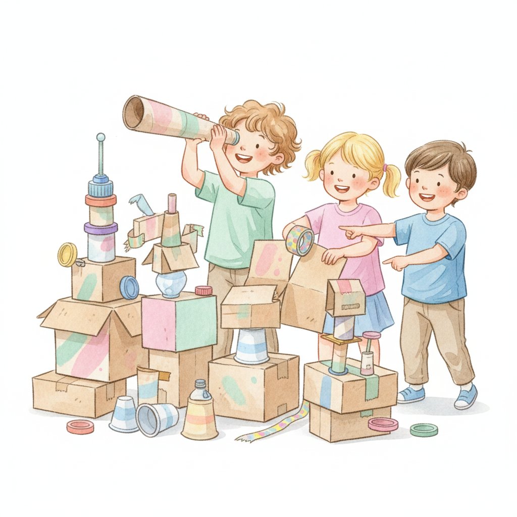 Children inventing a playful machine from recycled boxes and tubes
