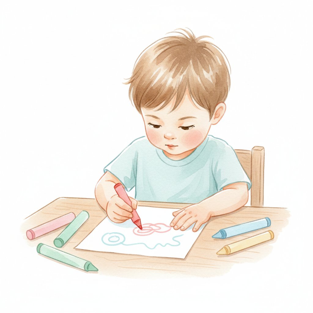 A focused child coloring with crayons, developing fine motor grip