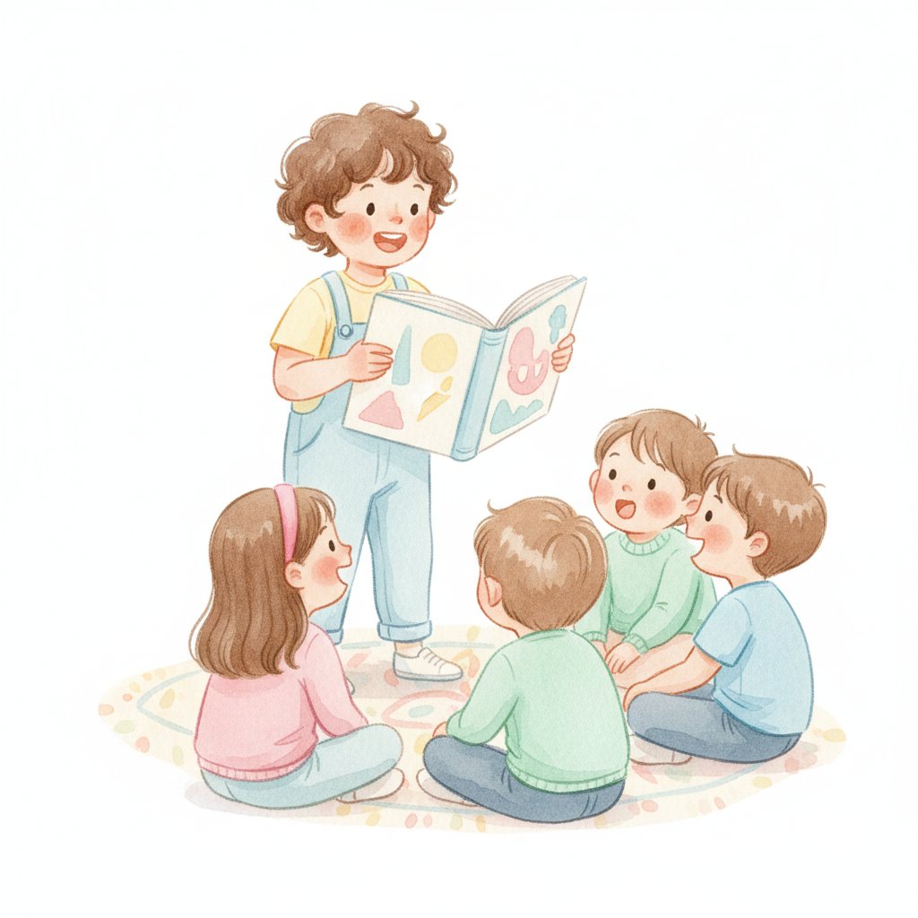 Child talking about a favorite picture book with friends