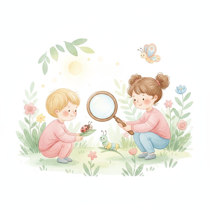 Children observing bugs and a butterfly with a magnifying glass in a garden