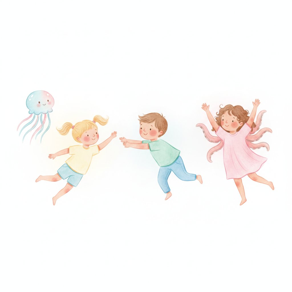 Watercolor illustration of preschoolers pretending to move like a fish, an octopus, and a jellyfish