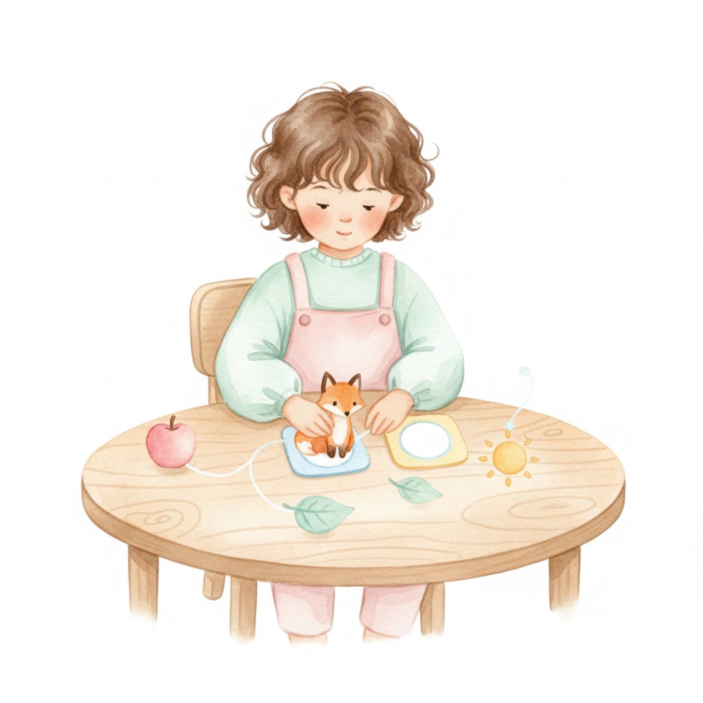 Child matching small objects to letter cards, connecting sounds to letters