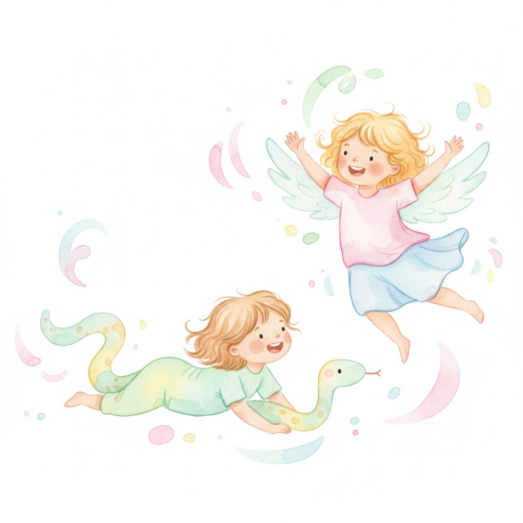 Watercolor of cheerful preschoolers doing creative animal movement, slithering and flapping