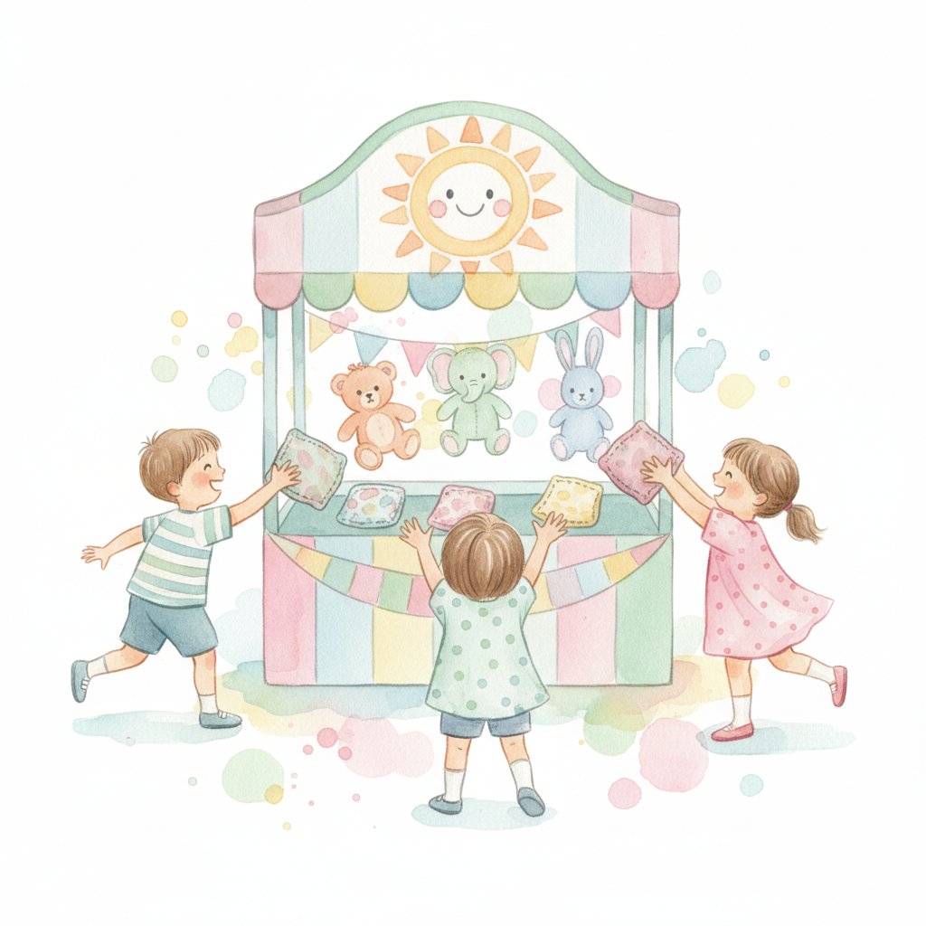 young children tossing soft bean bags at a cheerful carnival game booth