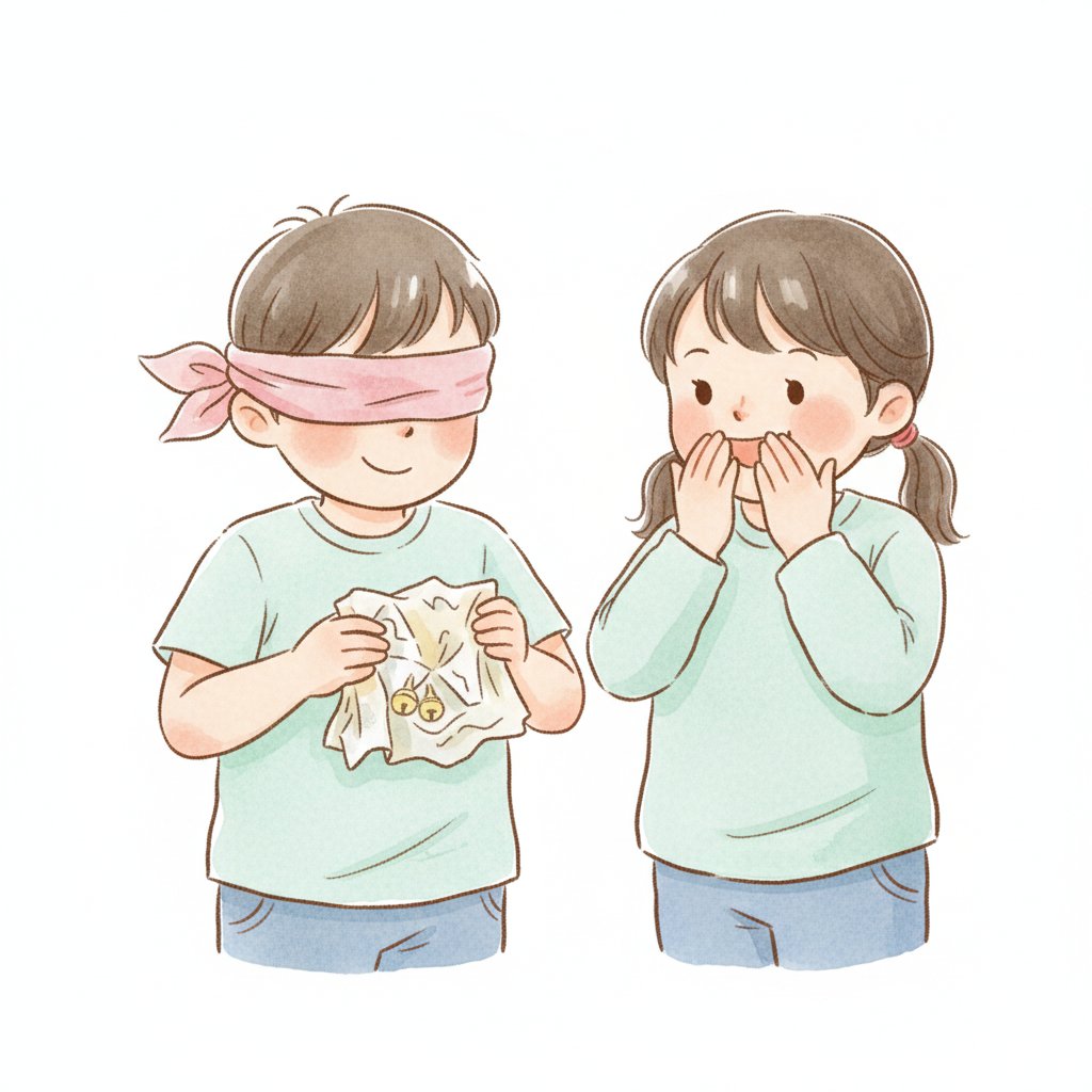 A blindfolded child feeling an object while a friend watches