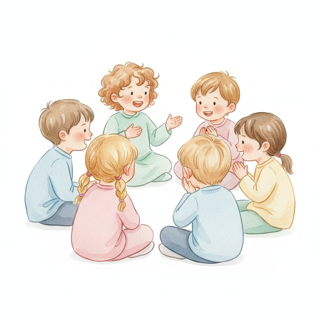 Watercolor of children sharing a story together