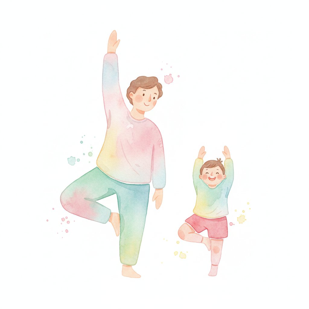 Watercolor illustration of a parent and child stretching and doing yoga together calmly