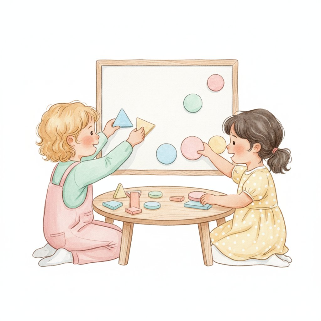 Children arranging colorful wooden tiles and magnetic shapes to build a name