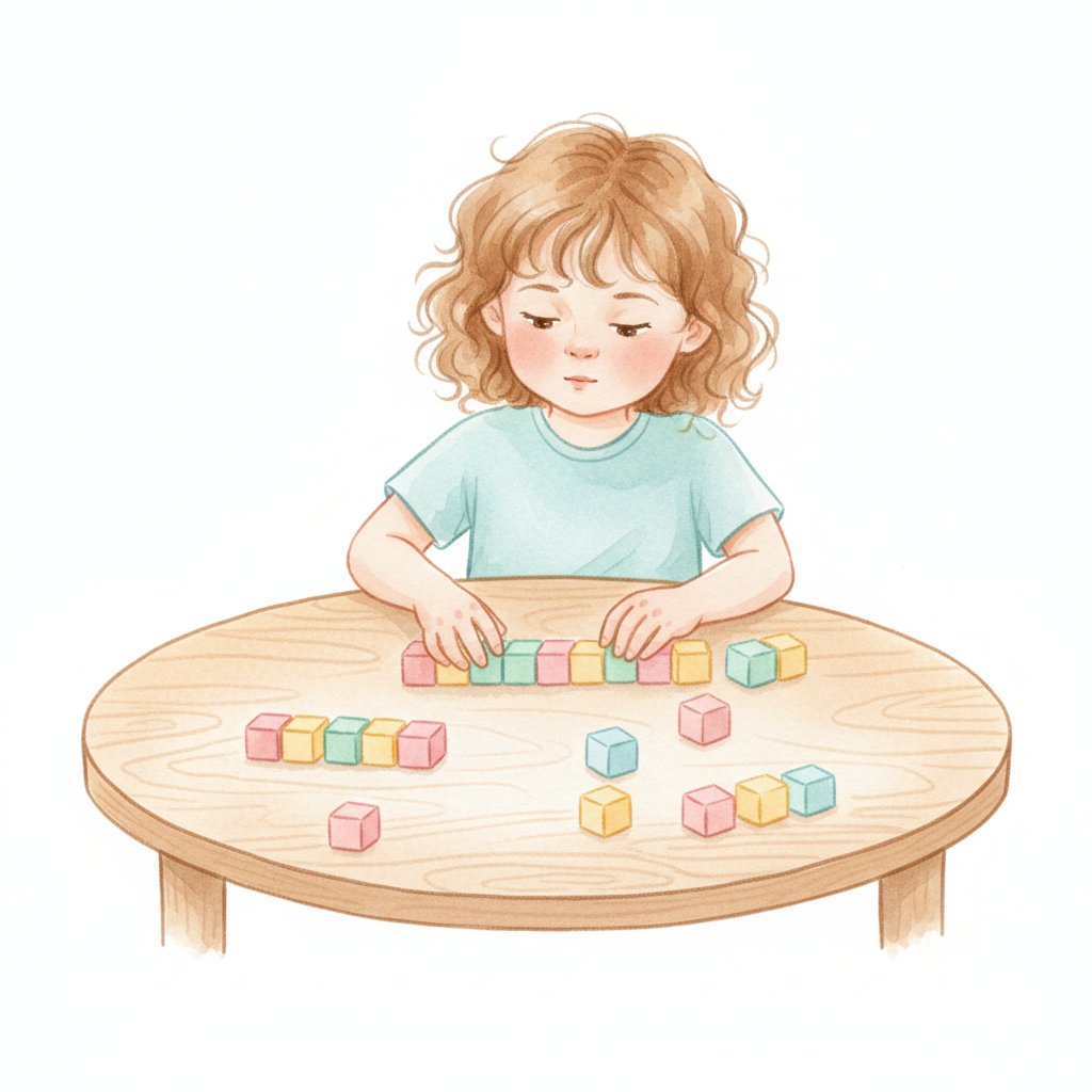 A child arranging colorful counting cubes into repeating pattern rows