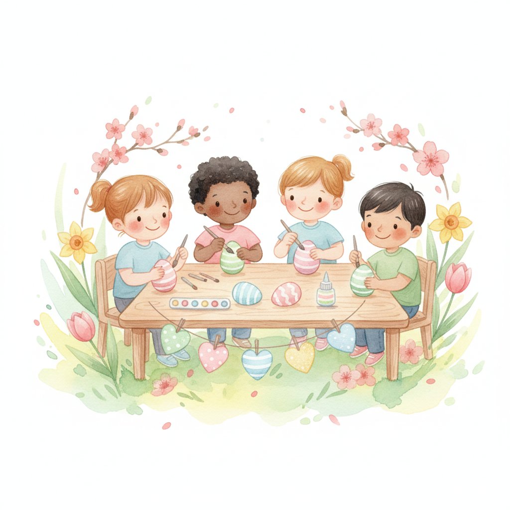 Watercolor illustration of children decorating pastel Easter eggs and hearts among spring flowers