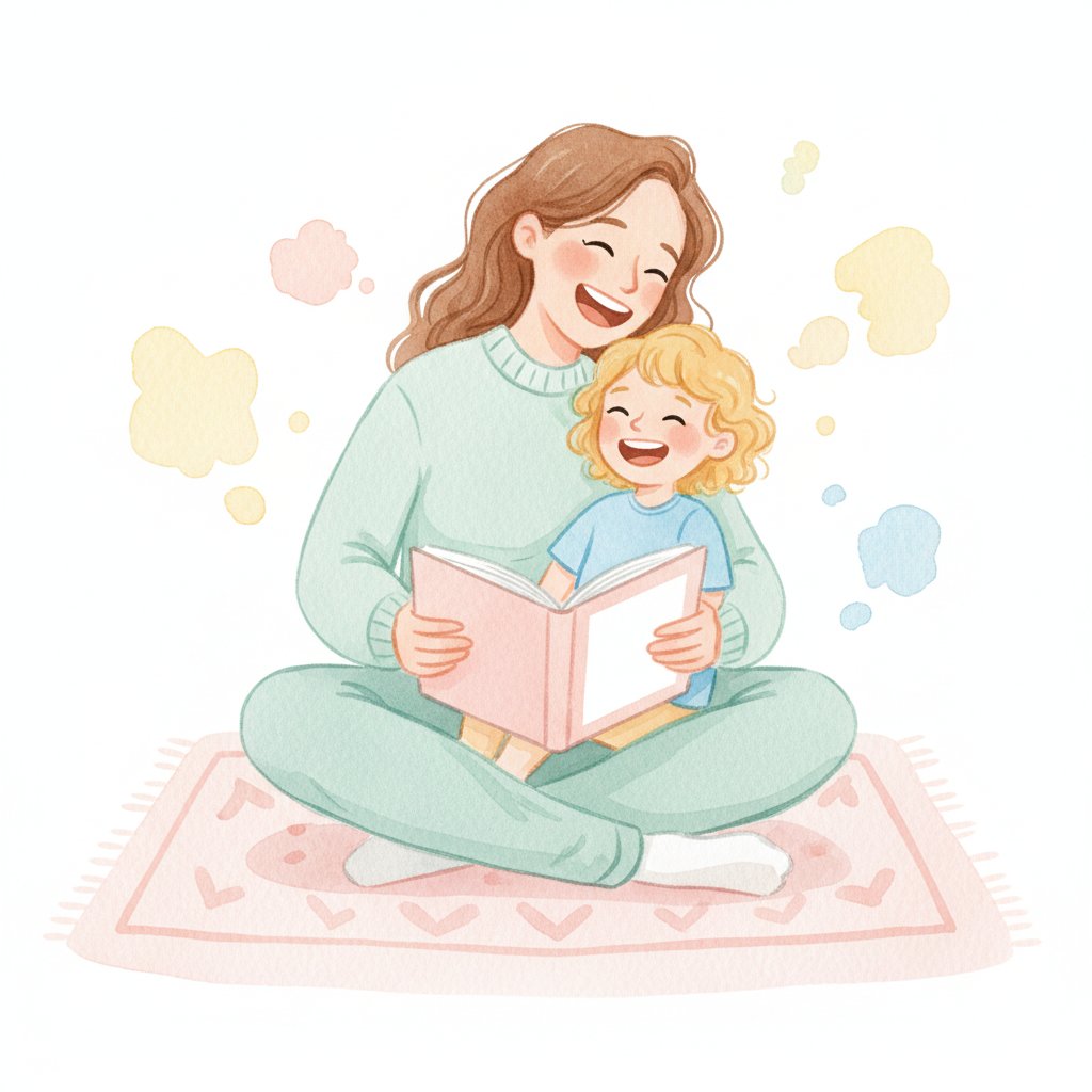 A parent and young child laughing together while making up silly rhyming words