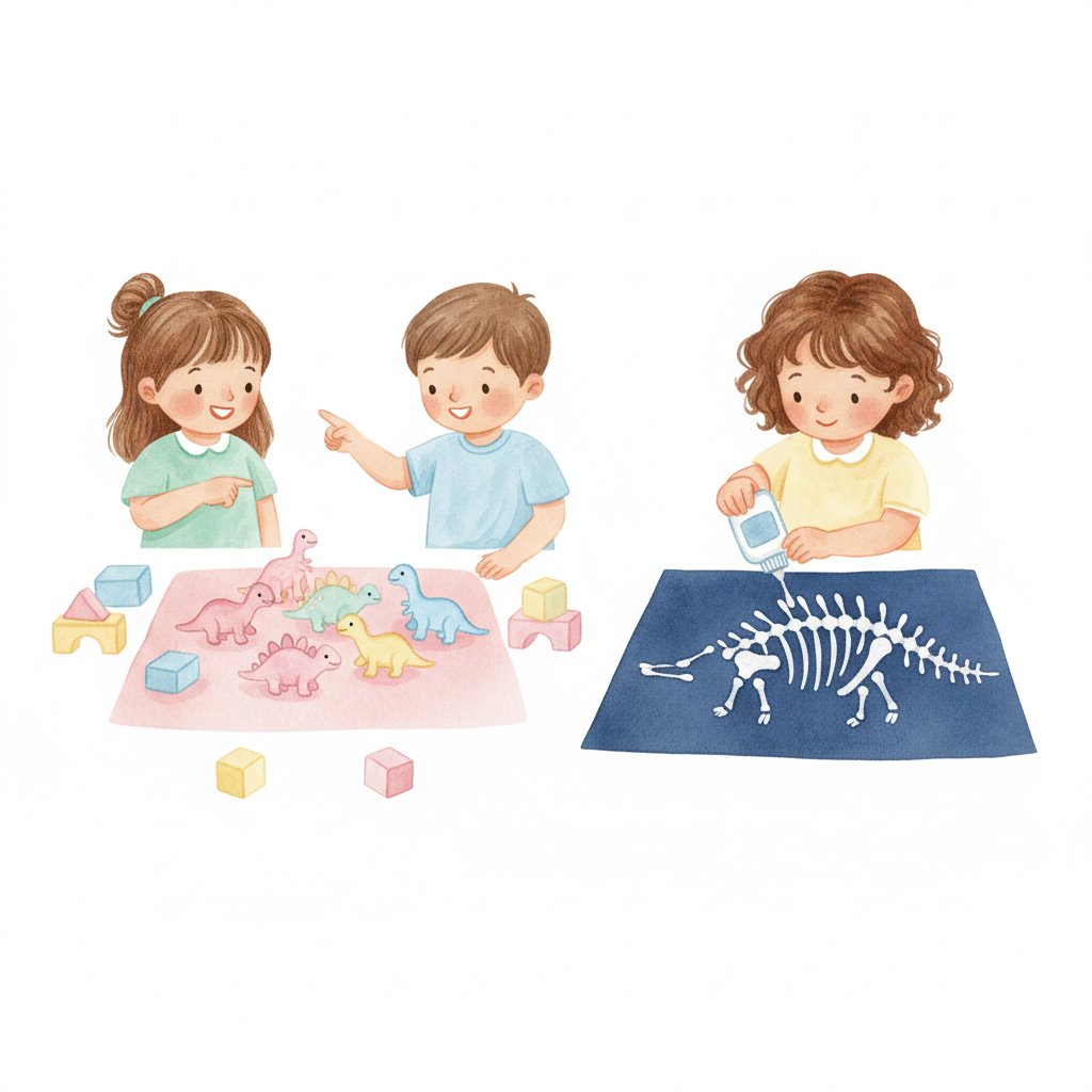 Children counting toy dinosaurs and building a q-tip dinosaur skeleton
