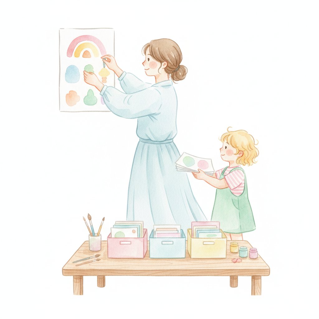 Teacher setting up a writing center with a child helping