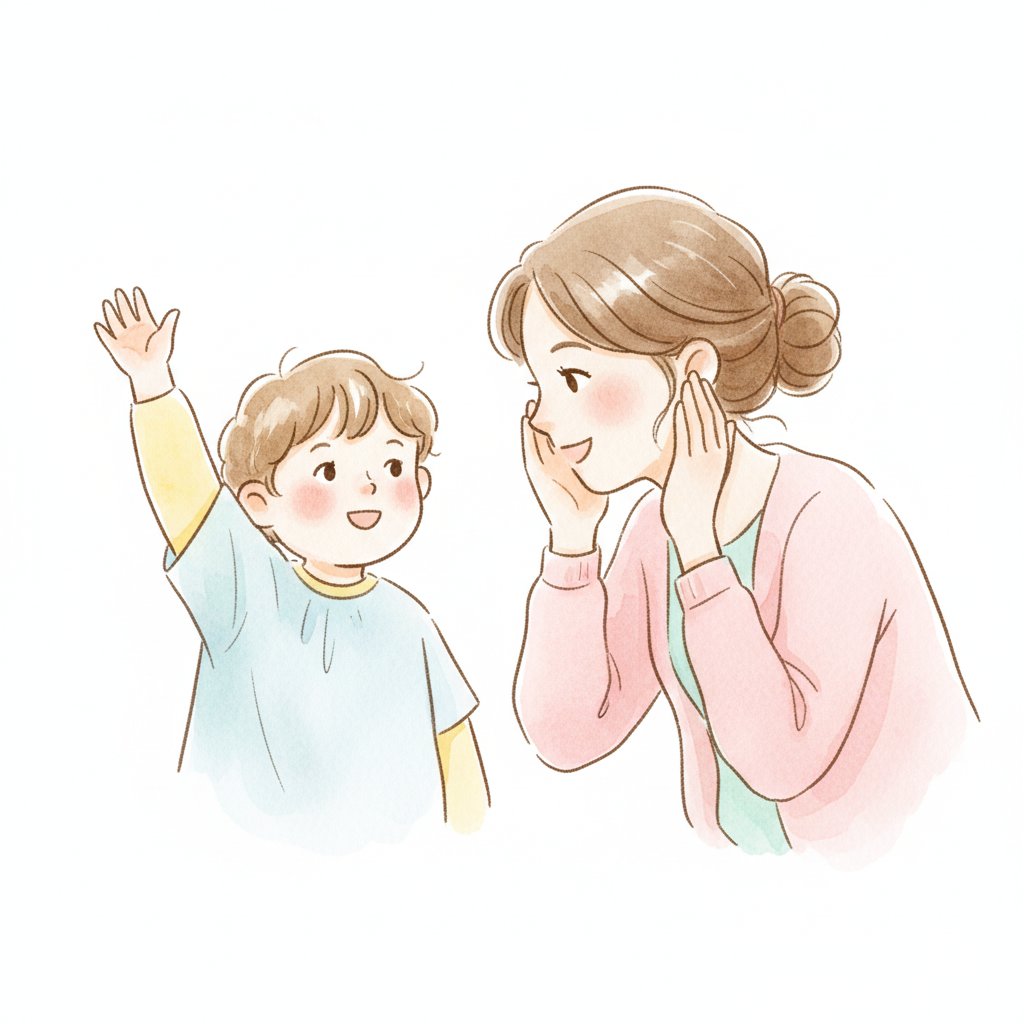 Watercolor illustration of a child raising their hand to ask a teacher a question