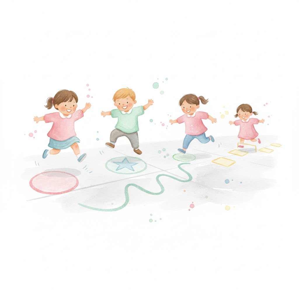 Watercolor of children playing a sidewalk chalk obstacle course