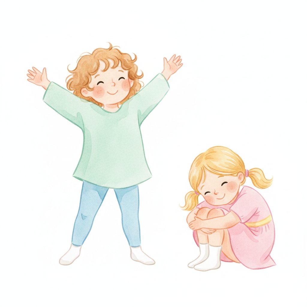 Watercolor illustration of children playing a big and small movement game, one stretching tall and one curled small