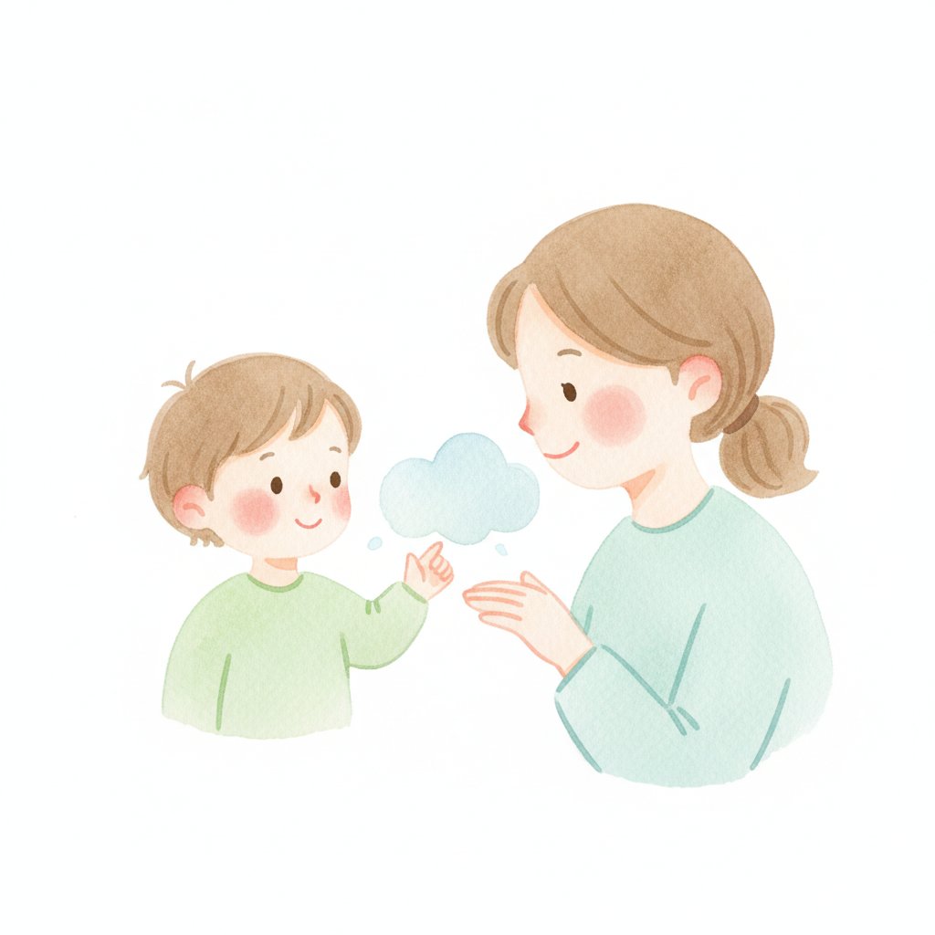A calm child smiling after naming a feeling, an adult nodding warmly beside them, soft watercolor