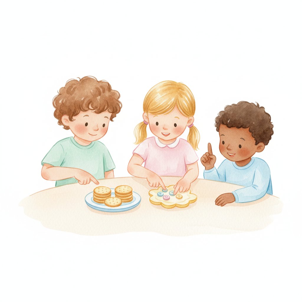 Children counting crackers and buttons one by one onto a plate