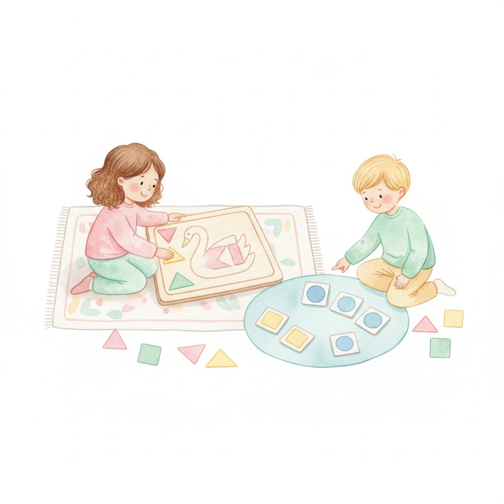 Watercolor of children playing tangram and shape matching games