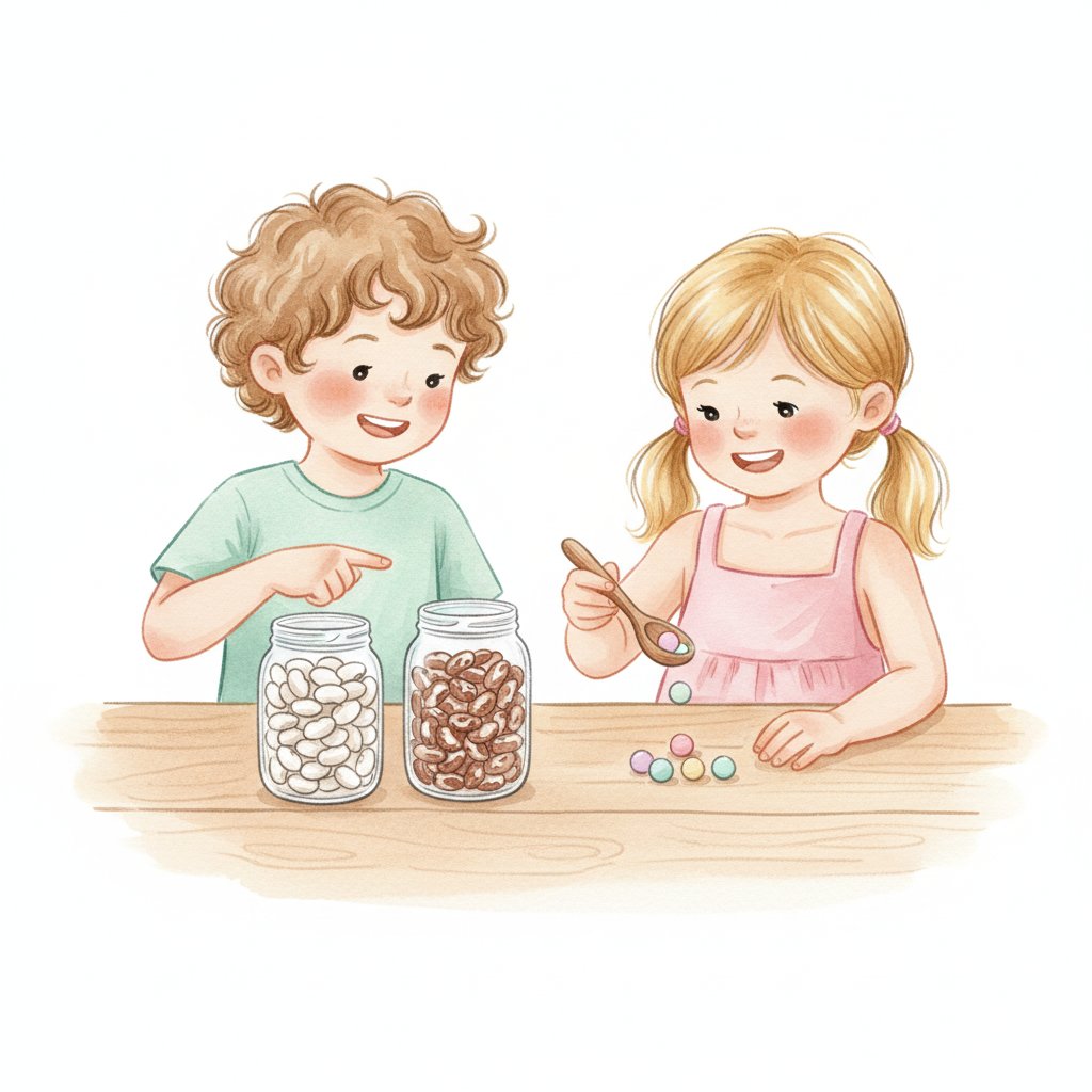 Children comparing two jars of beans and counting beads into piles